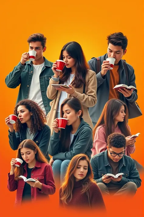 make an orange poster with pictures of students drinking coffee and reading coffee