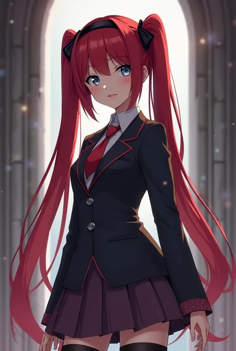  dark red hair , Twin tails,   castle, Silver eyes,   tall girl  , Girl crush, long hair in a black headband  ,   school uniform , 