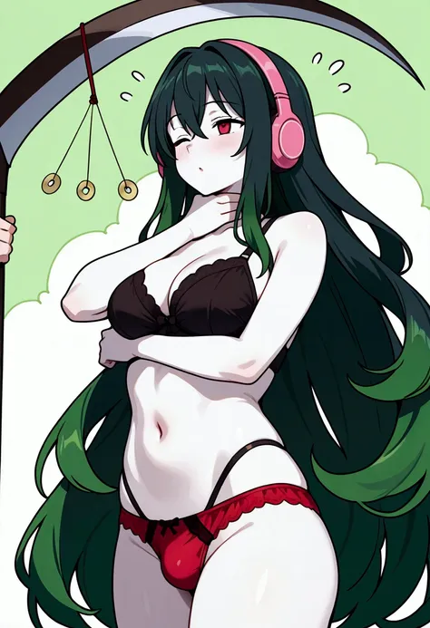  green haired girl on the right corner with eyes closed, mouth open, and mouth wide open, a green cloud of hair behind her head, and pink headphones over her ears, mind control, hypnosis, pendulum, 2girl, green hair, strangling,scythe_(dizzy), femboy, bulg...