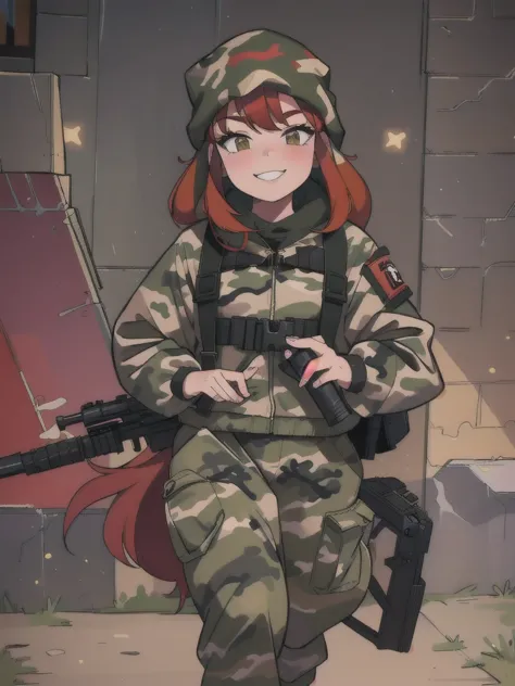 girl with smile and red hair,  with a camouflage jacket, tactical backpack, camouflage balaclava, camouflage pants and army boot...