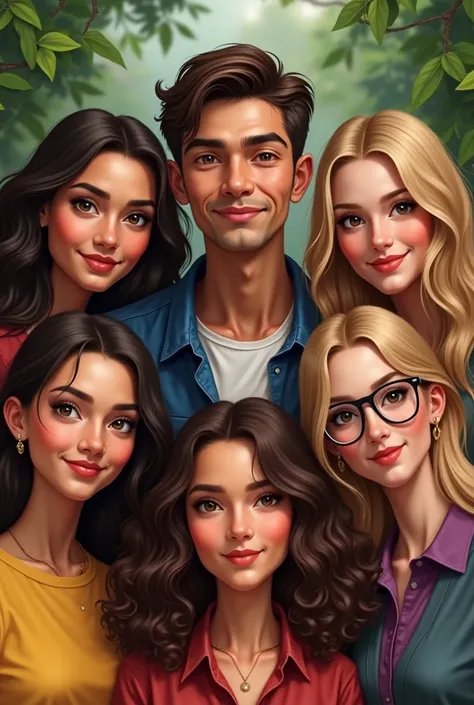 can you make a pict about 6 people, 5 are girls, and 1 is handsome man. one is indonesian girl with wavy black hair, white skin and use glasses, one is egyptian girl with wavy brown hair, one is netherlands girl with curly brown hair kinda curve size, one ...