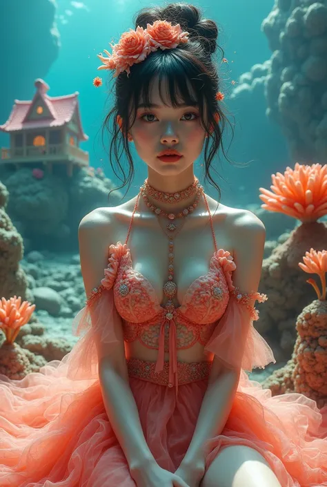 (masterpiece, best quality:1.4),(8k, RAW Photos:1.3,photo Realistic:1.2),shiny skin, detailed skin, detailed face , detail eyes sitting on a coral reef, detailed hands , detailed background、 1 girl, Japanese idol ,( Facial beauty),(Sparkling Eyes:1.1),,Gre...