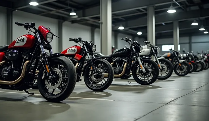 wide shot eye level Motorcycle indoor garage hangar with bikes lined up, asphalt ground, (people:-1.0), (indonesian drag bikes:1.0)