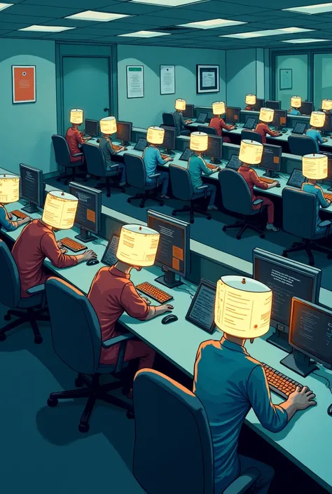 Draw a cartoon and a shot of people with screens instead of faces sitting in the office and working 