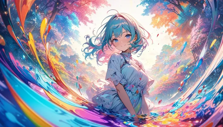 1 person(masterpiece,  best quality,  Official Art:1.2), ( colorful ), perfect anatomy,  watching the audience, one girl , Alone, White background, floating  colorful  water, Ultra-fine illustration,  Highly Detailed ,  Dynamic Angle,  beautiful details, 8...