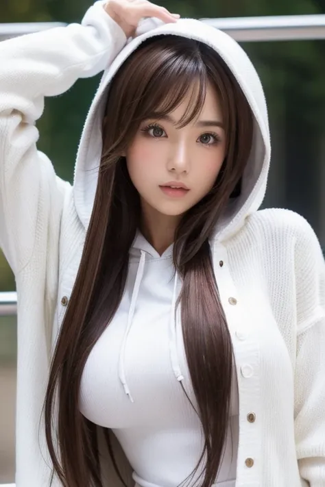  1 woman、Long Hair,  gaze, Brown Hair, ribbon, Big Breasts、 Big Breasts ,  white knit dress、Upper body close-up、 HOODIE、 leather gloves