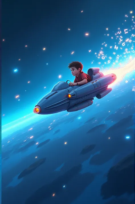  Boy on a spaceship . Flying in a blue space ,  full of stars and planets .  Many letters of the alphabet that he leaves behind come out of his ship.