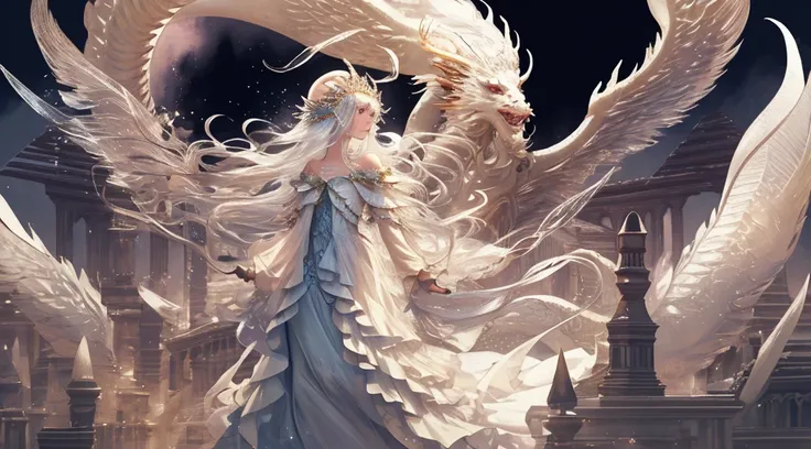  and a beautiful headdress , I got wrapped up in a fairy,   wearing a long dress with transparent and delicate layers {x} a fairy with long flowing hair and delicate facial features,  a white dragon with white scales ,  wrapped around a fairy 