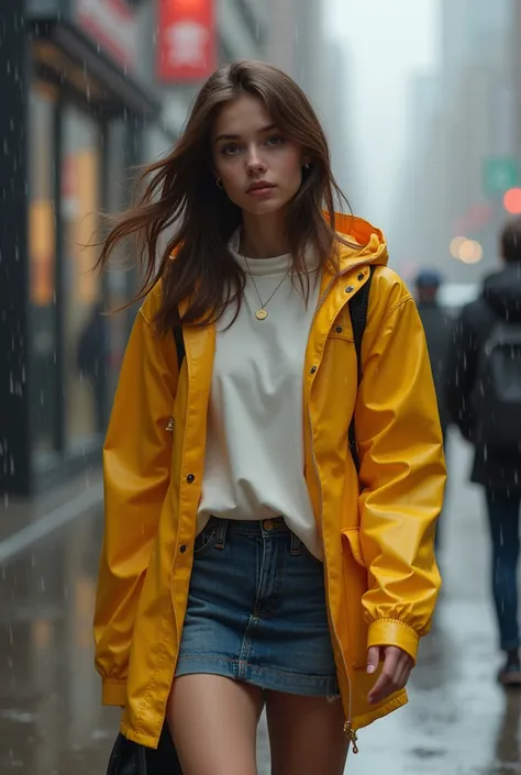 Girl
18 years old
Caucasian
Brown hair
College student
Rain coat
Microskirt
