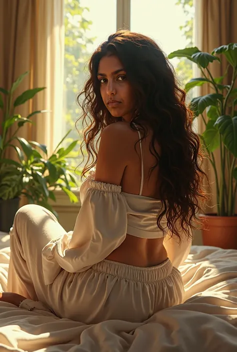 (photorealism:1.2), beautiful woman with big ass and , sitting on bed, wearing loose off-shoulder top, pajama pants, long curly hair, indoors, soft lighting, plants in background, window with sunlight, cozy room, relaxed pose, realistic, intricate details,...