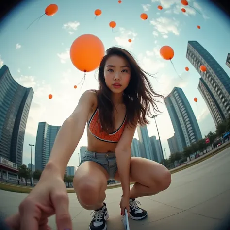 beautiful young woman looking at camera, oriental face, seductive face, sexy,  hand reaching out. camera looking up from the ground, background is highrise building city, with many balloons fly in the sky. fisheye lens, extreme pose. full body, until weari...