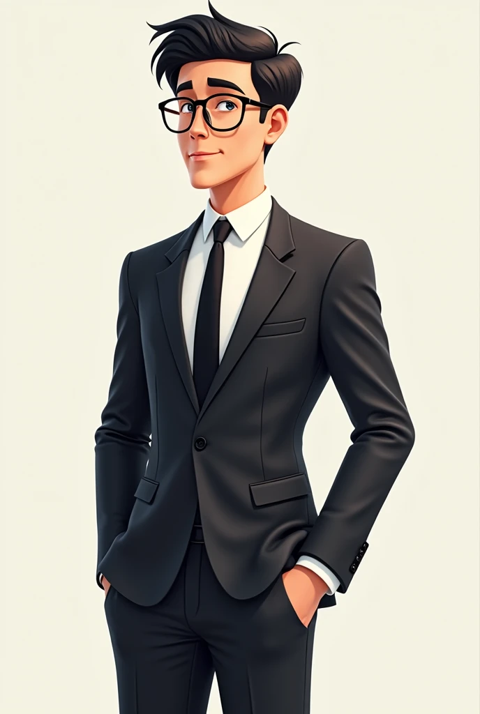  A male employee with glasses at work，About 30 years old ， 3D Cartoon Style ， white top， Black Suit Jacket ， black suit trousers ， Black Hair， Emotionally slightly contemplative spirit ， height approx. 185 cm ，Full body photo。