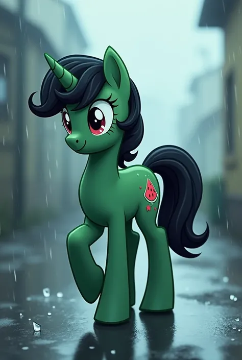 Male pony from My Little Pony walking in the rain, green color, wavy hair, wavy black mane, 2d, Drawing, my little pony,  male gender, Cutie Mark De Sandia.