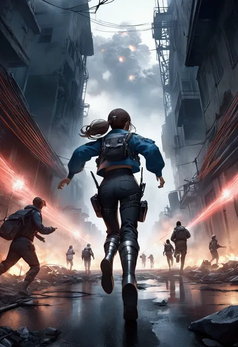 Panoramic view of future dystopian metropolis, score_9,score_8_up, low angle dynamic view, stranger things, close-up boots, detailed boots, light night, a girl charging toward to war, ninja-running run, running very fast, high ponytail, attack, shot, (full...