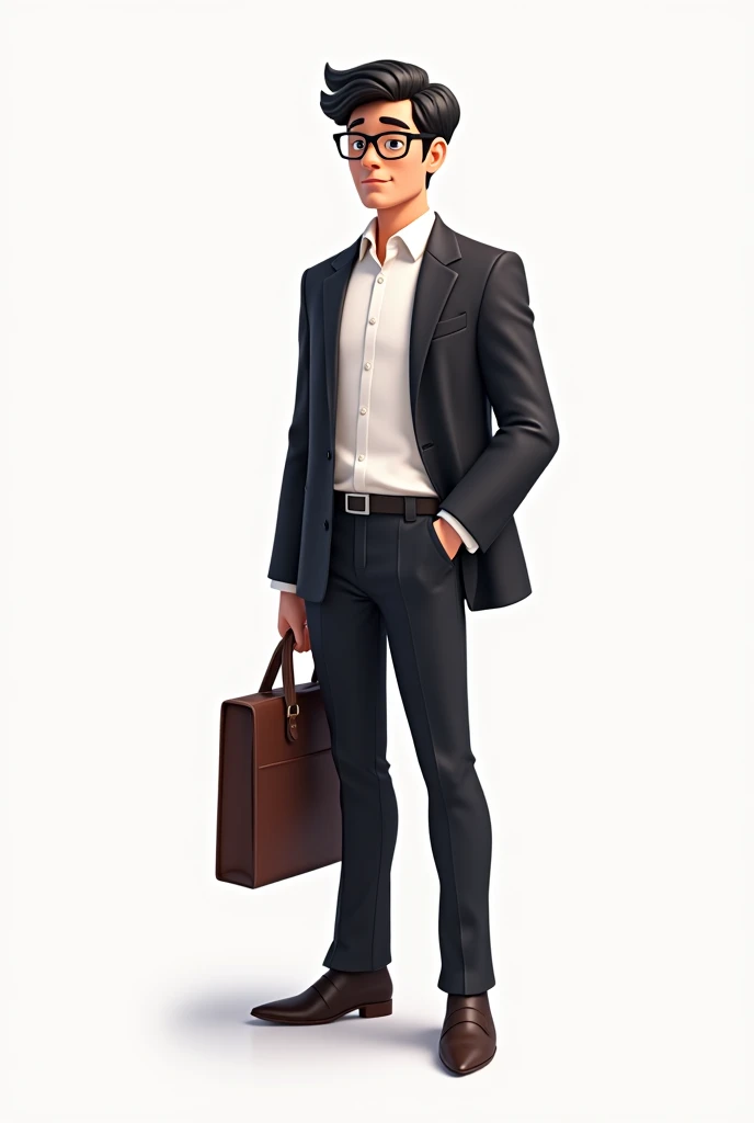  A male employee with glasses at work，A briefcase with a bag in his hand，About 30 years old ， 3D Cartoon Style ， white top， Black Suit Jacket ， black suit trousers ， Black Hair， Emotionally slightly contemplative spirit ， height approx. 185 cm ，Full body p...