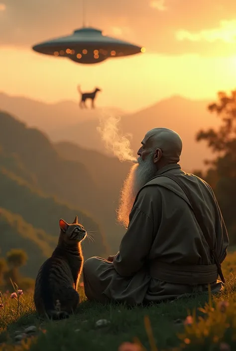  photorealistic ，ultra high definition，  of the highest quality ， best quality ，8k，RAW photos， little ring， HB Ultra-high resolution , Sitting on the edge of a hill  ((((A cat and a  (( bald skull man with a long white beard smoking)))))),  They observe a ...