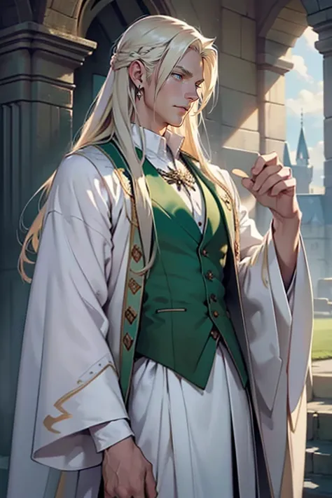 ((masterpiece)), (((best quality))), solo, wizard, 1 male, pale white skin, (long platinum blonde hair), (((straight hair))), side part, very handsome young man, beautiful face, purple eyes, lean, tall, thick thighs, realistic clothing, white button up shi...