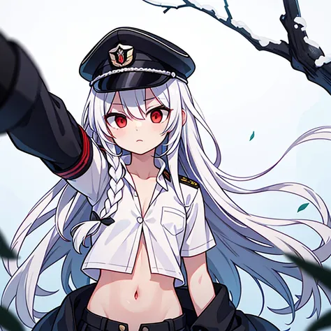 Long Hair,   Braided  , White Hair,  No emotion, black military cap , red eyes,    underwear ,  high definition ,  High Quality , naked,  white shirt