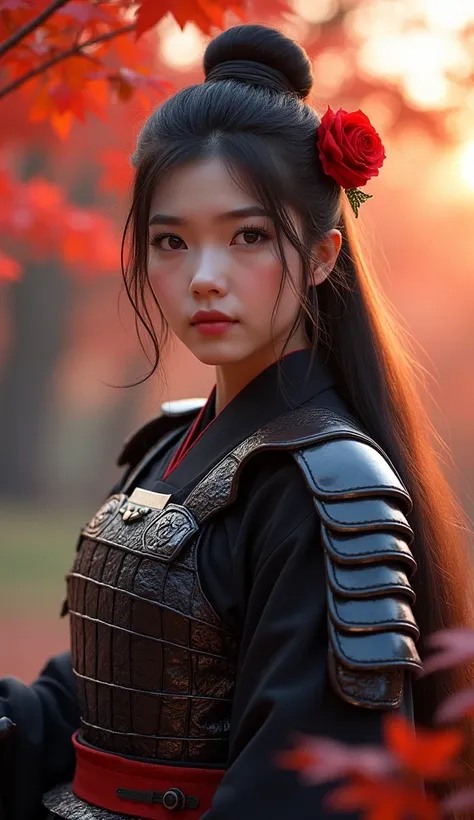 Realistic. Photorealistic. Image is vibrantly colored. photo,Highly detailed Photo quality, high quality,

A beautiful young Japanese woman with long flowing black hair tied up with red flowers

She wears shiny black Japanese armor with attention to detail...