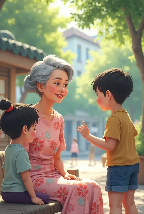 An 80-year-old woman with very short black and white hair, I give a tender smile, bright eyes in a pastel pink dress and beautiful printed flowers, sitting in a square watching two young ren playing hide and seek. 