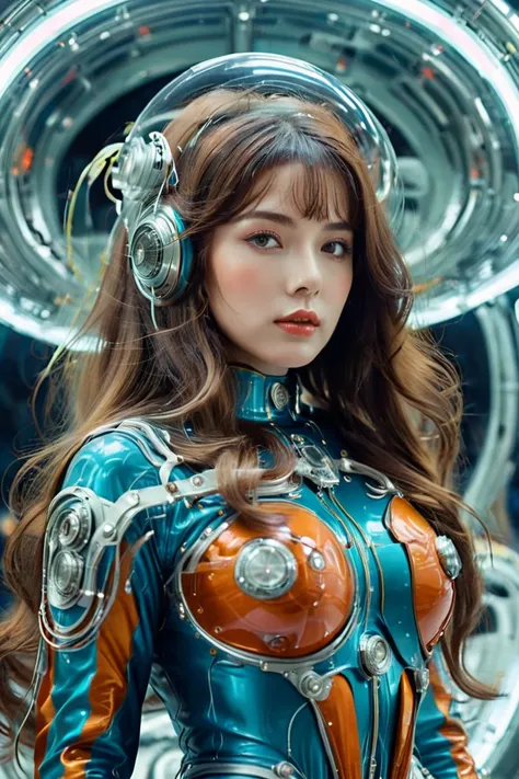  ultra realistic capture,18k,RAW,photograph, best quality,masterpiece,reality,  very detailed  ,シャープなphotograph,Retro,Future,RetroFuture, very beautiful woman,Long Hair, slim,retrospective,Create a retrofuturistic scene with 1960s style,Robots, space suits...