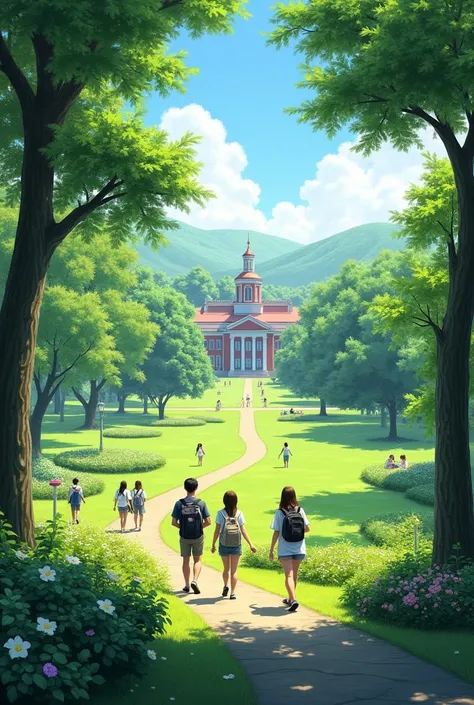 Draw me a green space like nature where there is a university and a few students 