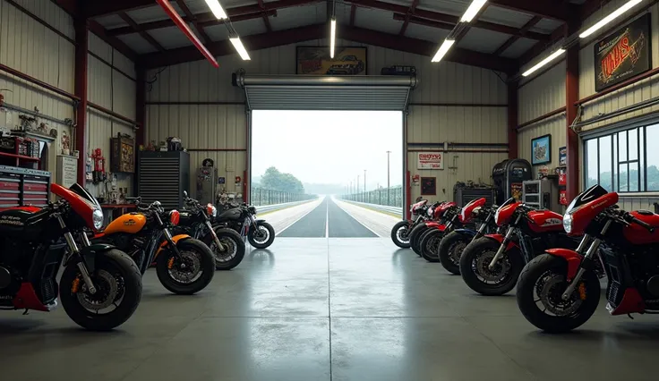 wide shot eye level Motorcycle indoor workshop with drag bikes lined up, workshop door opened revealing asphalt track, (people:-1.0), (indonesian drag bikes:1.0)