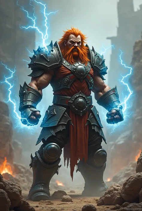 A rugged, muscular man with fiery orange hair and a scarred face. He wears battle-worn armor glowing faintly with electric blue streaks. His fists crackle with lightning energy, ready to unleash destruction if provoked.  