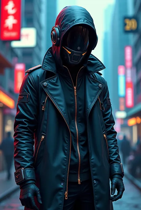 Cyberpunk fashion man、He is wearing a helmet and his face is not visible.、solo, Multiview, Background blur, Japanese illustration style, face to face