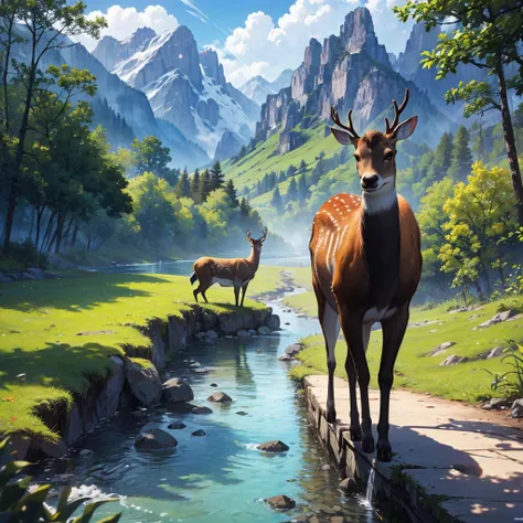 ((masterpiece)),  best quality, (8k,  best quality, masterpiece: 1.2),  super detailed, A group of deer walking along a river in a mountain valley.