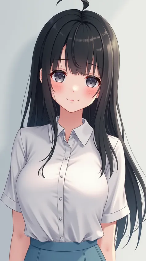  High Quality , 4K, within the frame,  Close-up Portrait of Black Haired Woman Wearing White Shirt and Light Blue Skirt,  realistic anime girl rendering ,  Cute 3D anime girl rendering , April Rendering, Anime VR Host Full Body Model , Full body fairy, Liv...