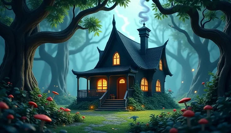 Witch black house in jungle 3d animated cartoon 