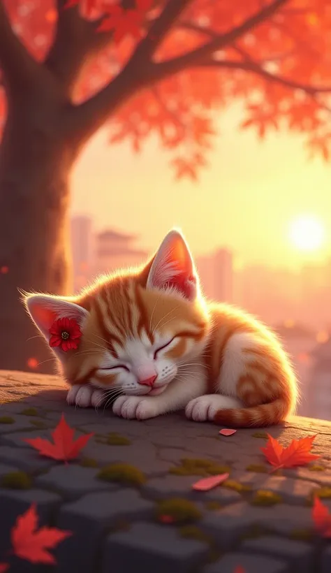 Realistic. Photorealistic. Image is vibrantly colored. photo,Highly detailed Photo quality, high quality, 

Real kitten sleeping small, curled up、
 wearing a red flower hair ornament on its head The light of an autumn sunset shines through between 、

The b...