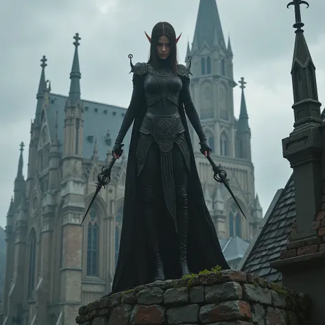 a female drow, dark black eyes, wearing a sleek black runic and black leather pants, dual wielding chakrams, on the roof of a cathedral