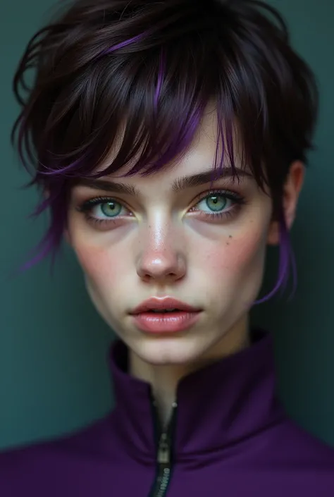 Female, pixie cut hairstyle coloured dark brown with purple fringe and forest green eyes, fair skin, clothing colour purple