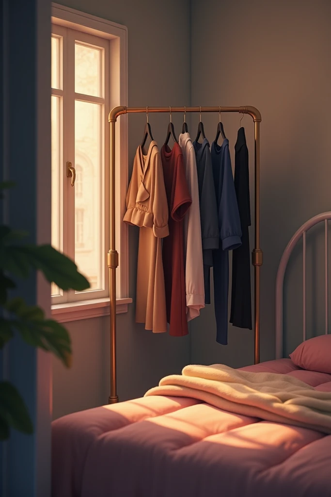 In a corner of the room in a bedroom, there is a clothing rack with several pieces of clothing hanging on it. Next to the wardrobe, part of a metal bed can be seen. With a blanket on top of it