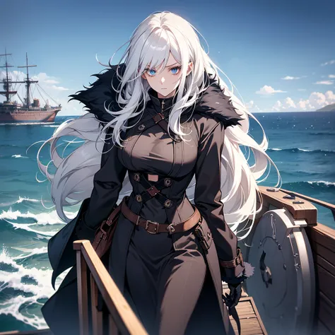 !!1 women!!, ((solo)), very long hair , white hair, dark blue eyes, dark coat, modern fashion outfit, professor look, good-looking women, breasts, boobs, looking surprised, looking stunned, front, surprised, metal ship deck, around sea, icy sea