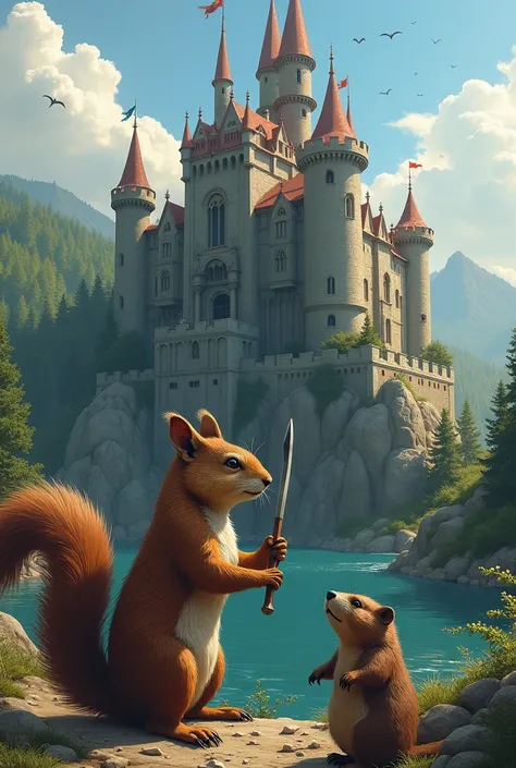 A warlike squirrel and a slave beaver are building a castle out of a dam