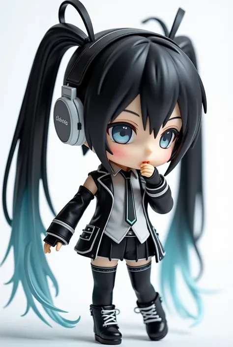 SD Character,full body, close-up of doll with headphones on white background, Cyberpunk ,black white hair , The photo is by Shitao,  has become a hot topic in the CG Society, Neo-Dada, from  Arknights, style as  Nendoroid ,  Arknights,  Nendoroid , )  in G...