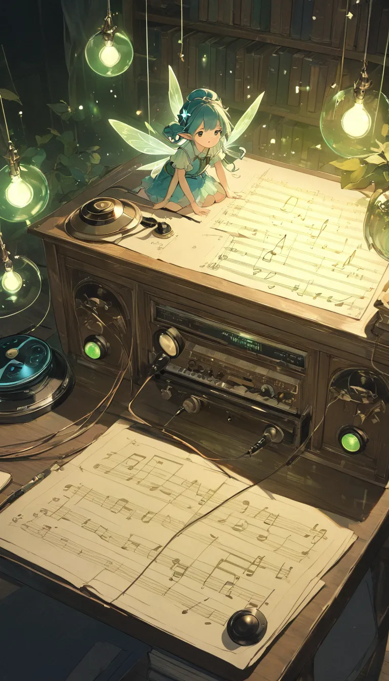  translucent fairies {x} vintage cord player, above the study ,The , on the desk , making sounds ,Mysterious, fairy above the den controls the player, glowing five-line notation and notes 