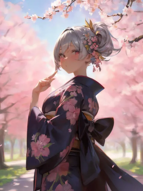 (masterpiece, highest quality:1.2),  1 girls, , ((she's wearing a very cute outfit)),  ((kimono)) , ((a park with cherry blossom...