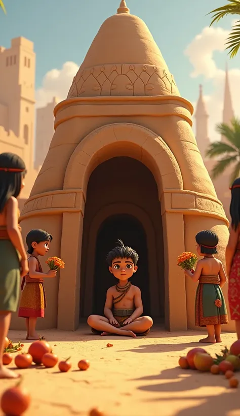 "Marduk, a younger version, sits humbly under a small, simple shrine made of mud bricks. Villagers in traditional Babylonian clothes gather around, offering fruits and flowers. In the background, a growing city skyline hints at the rise of Babylon. Pixar 3...