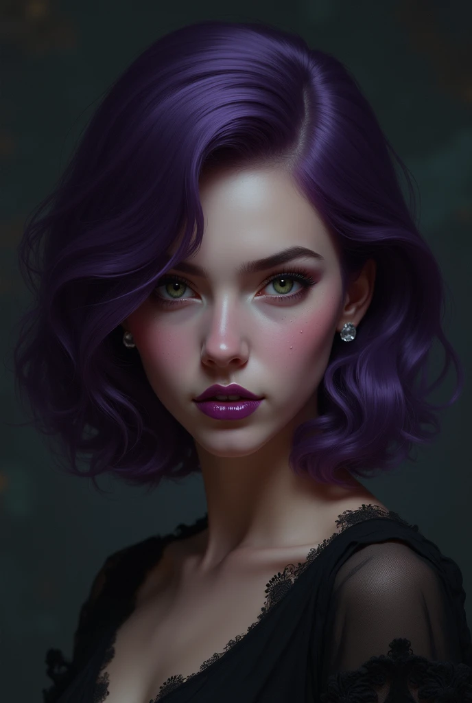 Female, shoulder length grape colour hair, dark green eyes, 2 earrings in ear, purple glossy lipstick