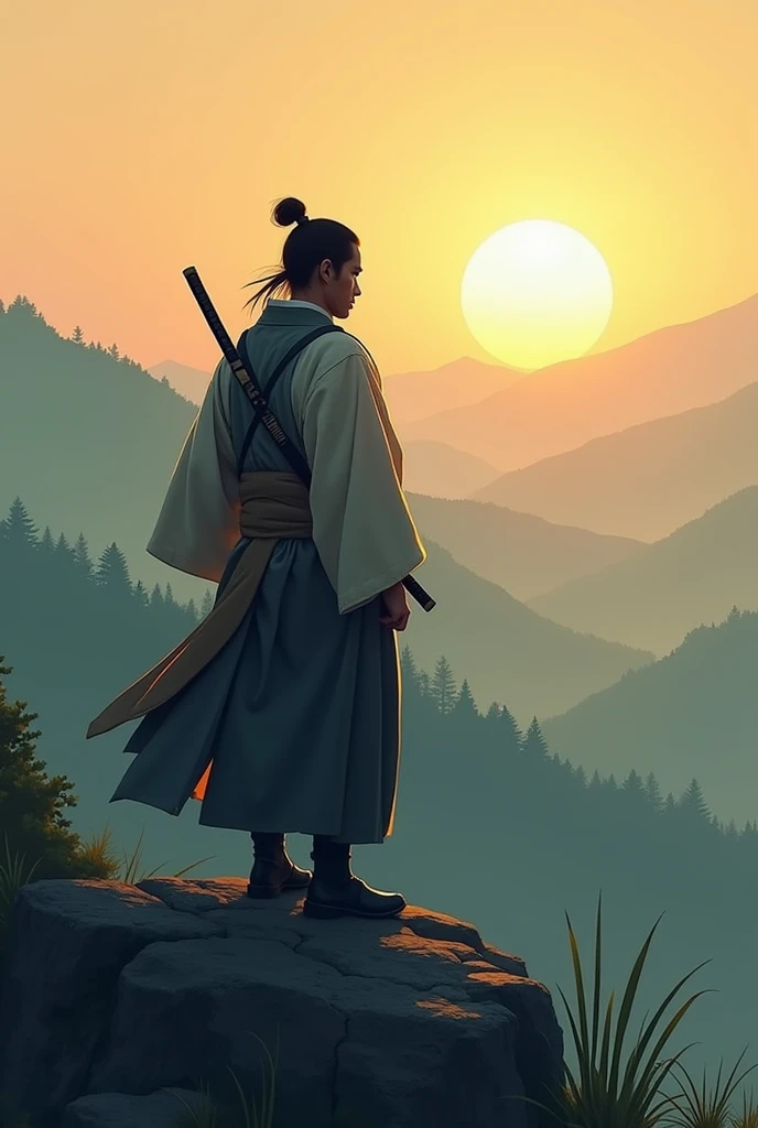 A samurai contemplating the sunrise without armor