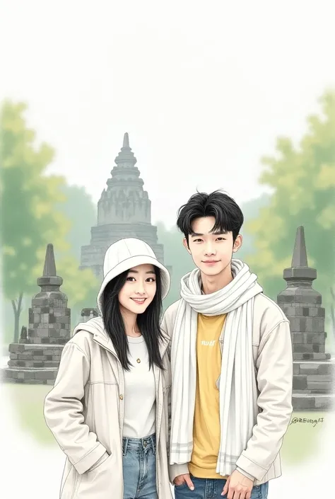 Pencil sketch of a pair of young Korean lovers in modern clothes ,  wearing a white hitmwhite jacket , white hat, and a yellow white jumper .  draped in a white scarf holding a camera with a smiling face facing the camera.  The background is a nature setti...