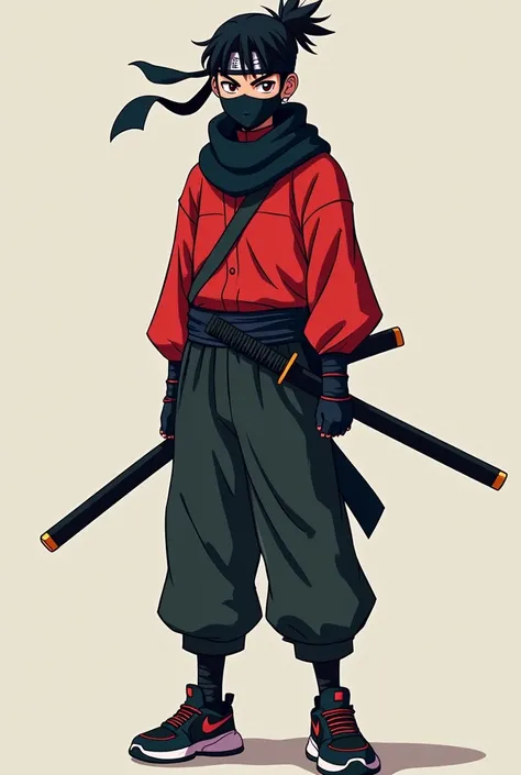 Create a character that has a ninja katana ,  who is wearing a red shirt with a black scarf ,  with toji A-style pants and is wearing Nike Air Mex sneakers and he wears a headband that covers his right eye 
