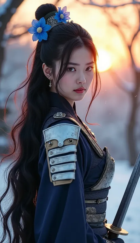 Realistic. Photorealistic. Image is vibrantly colored. photo,Highly detailed Photo quality, high quality,

A beautiful young Japanese woman with long flowing black hair tied up with blue flowers

She wears shiny Japanese silver and black armor with attenti...