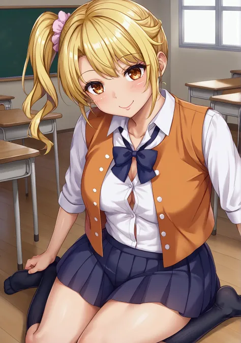  best quality、 super high definition 、4K quality、 one girl ,  Gingham Check Miniskirt, Blonde、 Side Ponytail 、machine、machineに伏せる、 close your eyes 、Dozing off、 sit on a chair、Brown Skin、Gal、Galヘアー,  best quality,  orange vest right after running、blouse,  u...