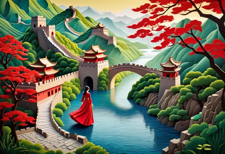 （paper art，Quilted paper art，geomerty），Complex illustration in paper cut art style，Paper_cut,Northern scenery，Looking inside and outside the Great Wall，Up and down the river， Sunny days，Look at the red dress，Its enchanting。 There are so many delicate river...