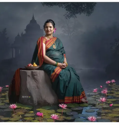 arafed woman sitting on a rock in a green sari, a photorealistic painting inspired by T. K. Padmini, trending on cg society, hyperrealism, traditional photography, traditional beauty, matte painting portrait shot, dressed in a sari, standing gracefully upo...